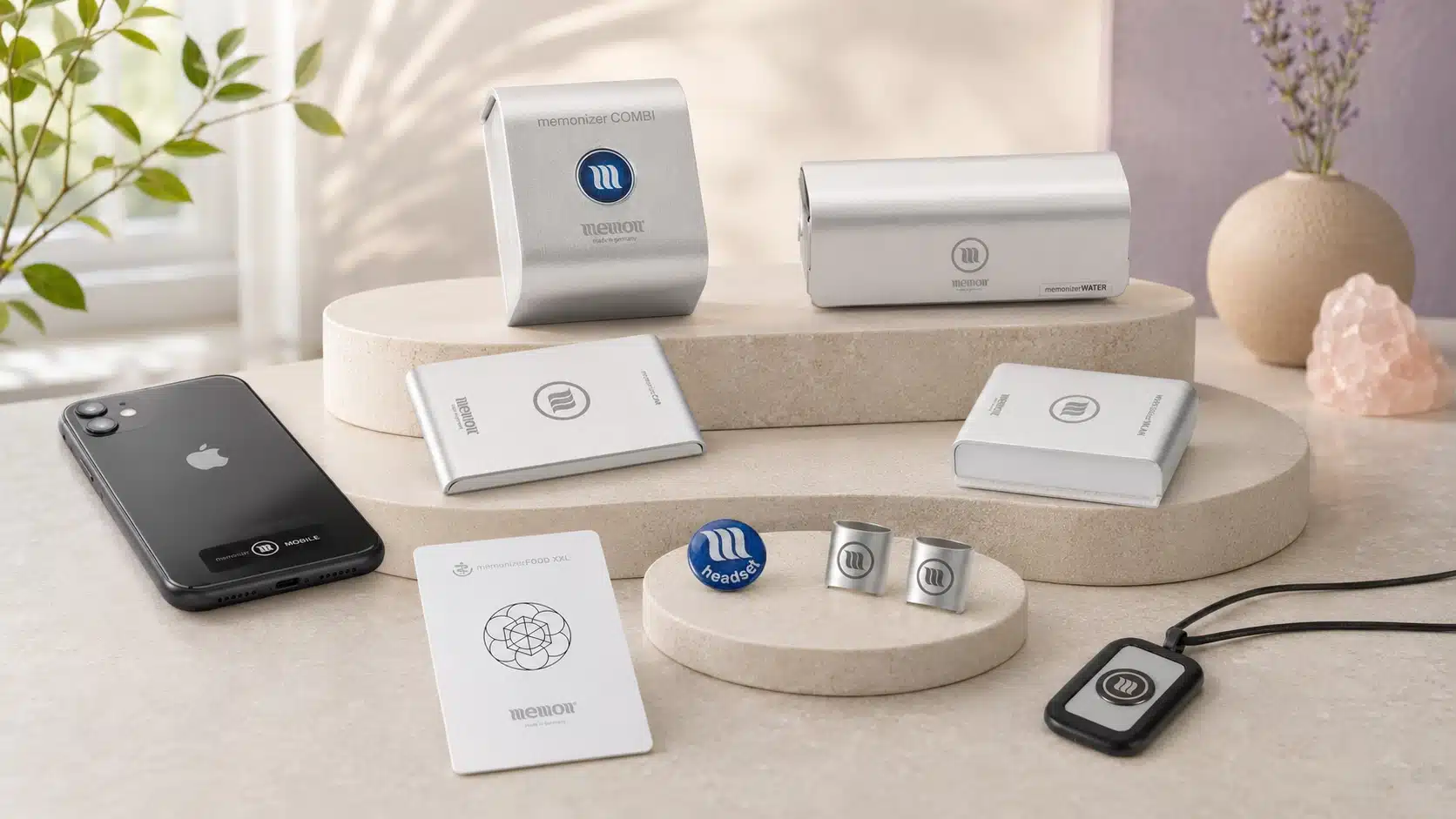 MemonizerCOMBI, WATER, CAR, WLAN, MOBILE, FOOD, BODY, HEADSET and EARPHONE products on elegant display stands