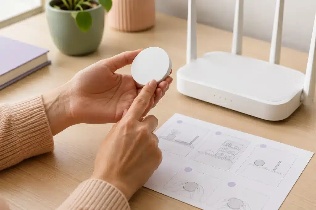 Hands checking the placement of a compact Memonizer near a Wi-Fi router.
