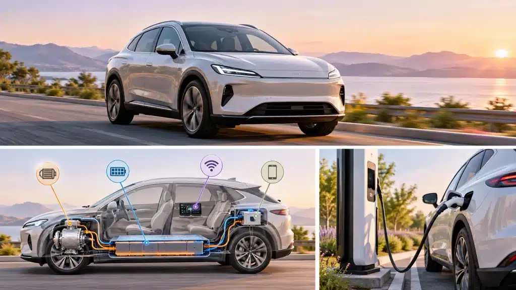 Electric vehicle diagram showing battery, motor, inverter, wireless systems and charging components