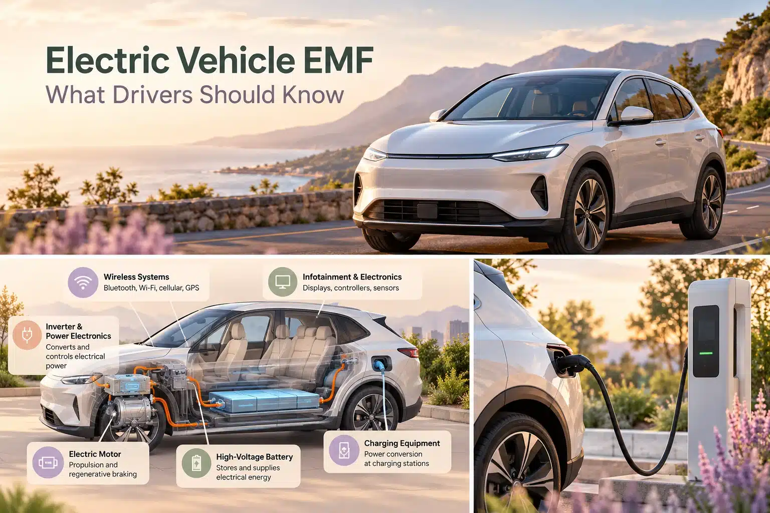 Modern electric vehicle illustrating a guide to electromagnetic fields in EVs