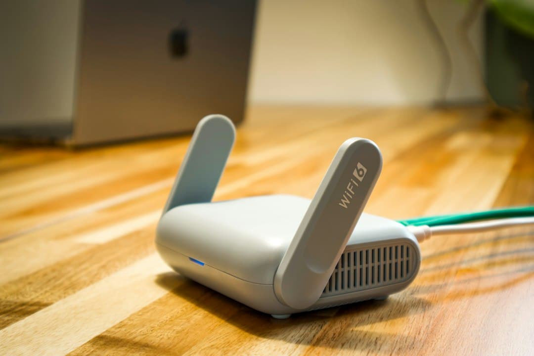 Modern Wi-Fi router on a home desk for a guide about Wi-Fi router EMF, placement and distance